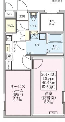 防音マンション スカイラシクラス武蔵関(1K/2階)の間取り写真