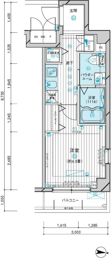 メインステージ多摩川Ⅱ(1K/2階)の間取り写真