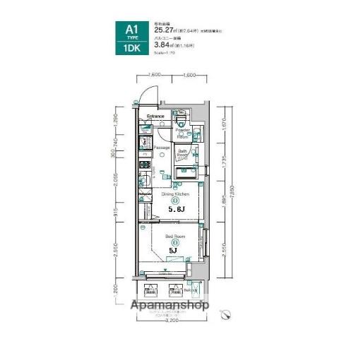 ジーベック長原(1DK/3階)の間取り写真