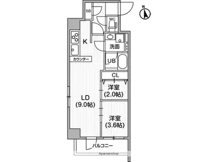 レクシード神楽坂(2LDK/4階)の間取り写真