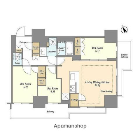 オアーゼ日暮里レジデンス(3LDK/12階)の間取り写真