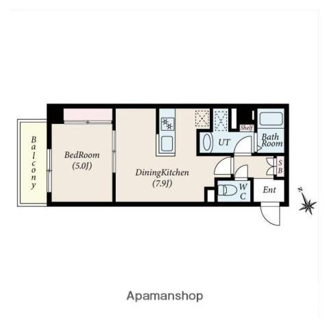 グローリオシェルト新宿山吹町(1LDK/1階)の間取り写真