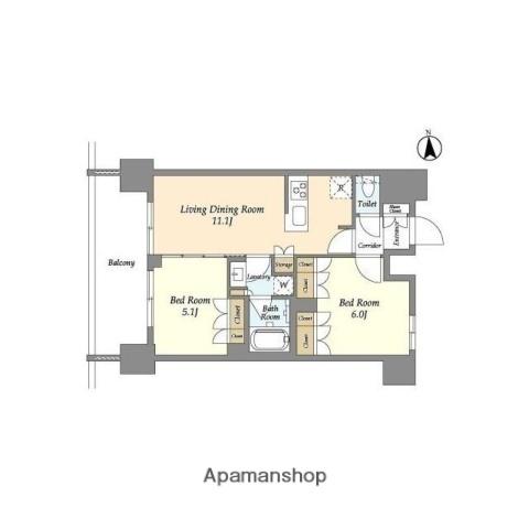 ジオエント上野稲荷町(2LDK/14階)の間取り写真
