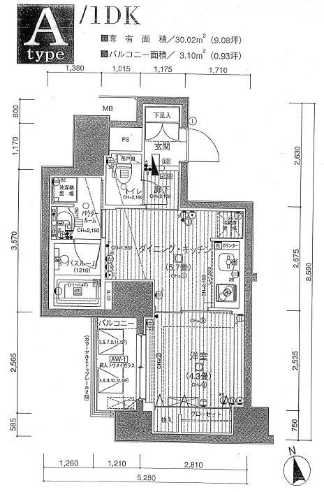 日神デュオステージ浅草松が谷(1DK/14階)の間取り写真