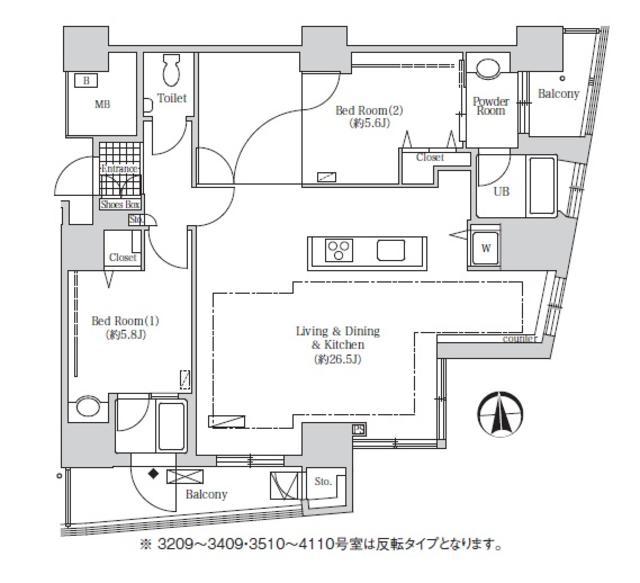 アクティ汐留(2LDK/32階)の間取り写真