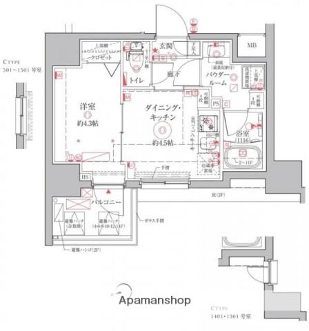 クレイシアIDZ上野(1DK/15階)の間取り写真