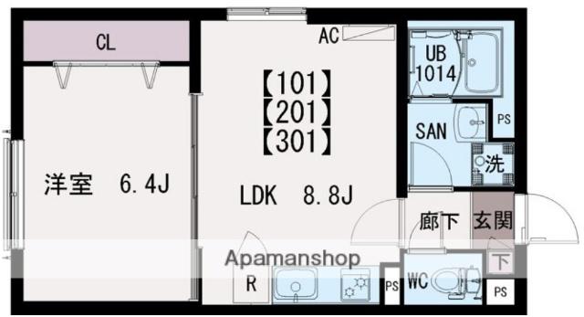 IRIS COURT TX六町(1LDK/1階)の間取り写真