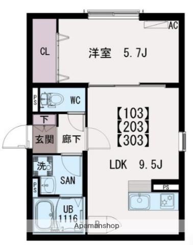 IRIS COURT TX六町(1LDK/1階)の間取り写真