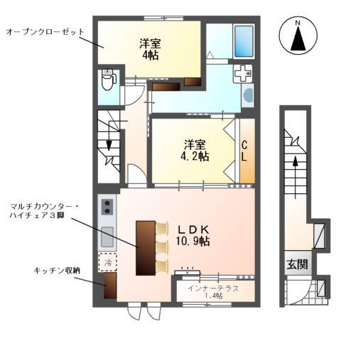 レヴメゾン神山五番館(2LDK/2階)の間取り写真