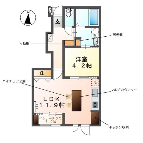 レヴメゾン神山四番館(1LDK/1階)の間取り写真