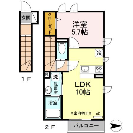 ルナマリア国立B(1LDK/2階)の間取り写真