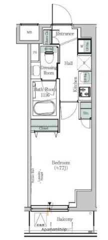 ONE ROOF RESIDENCE KIBA ウエスト(1K/2階)の間取り写真