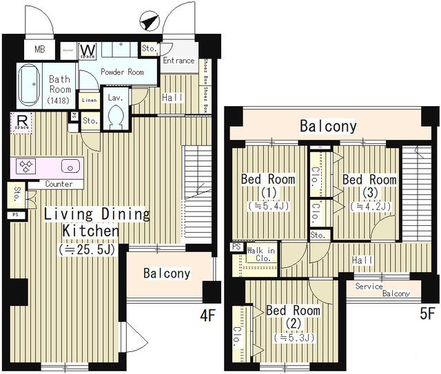 武蔵野レジデンス(3LDK/4階)の間取り写真