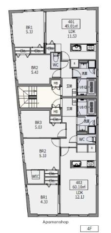 HEUREUX中野若宮(2LDK/4階)の間取り写真