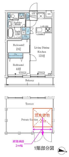 プライムブリス中野富士見町Ⅰ(2LDK/1階)の間取り写真