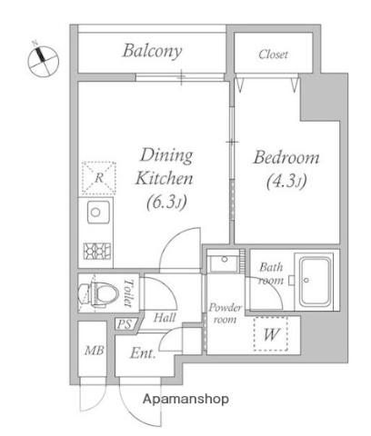 クオリタス浜田山(1DK/2階)の間取り写真