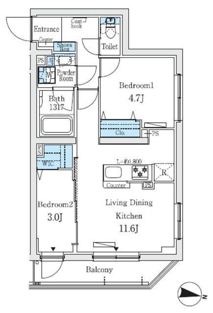 プライムブリス中野富士見町Ⅰ(2LDK/4階)の間取り写真