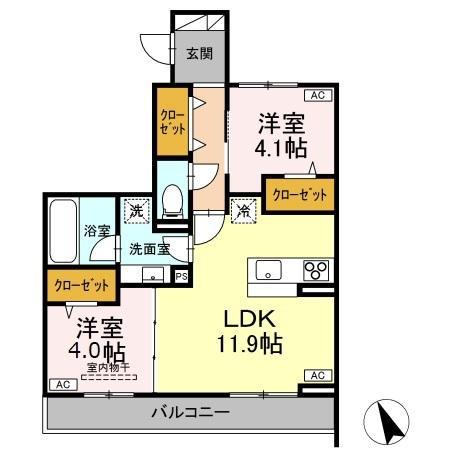 フルーリア国分寺(2LDK/3階)の間取り写真