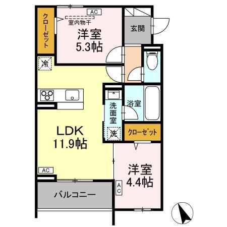 フルーリア国分寺(2LDK/3階)の間取り写真