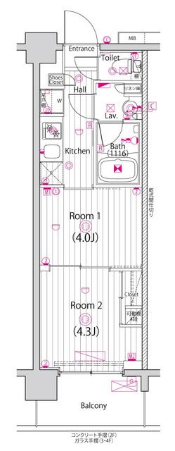 ガーラ・アヴェニュー東大島(2K/3階)の間取り写真