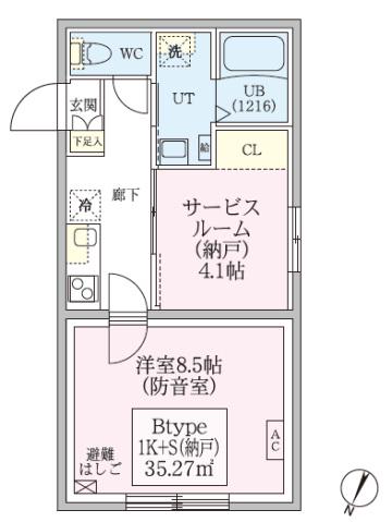 防音マンションスカイラシクラス田園調布本町(1K/2階)の間取り写真