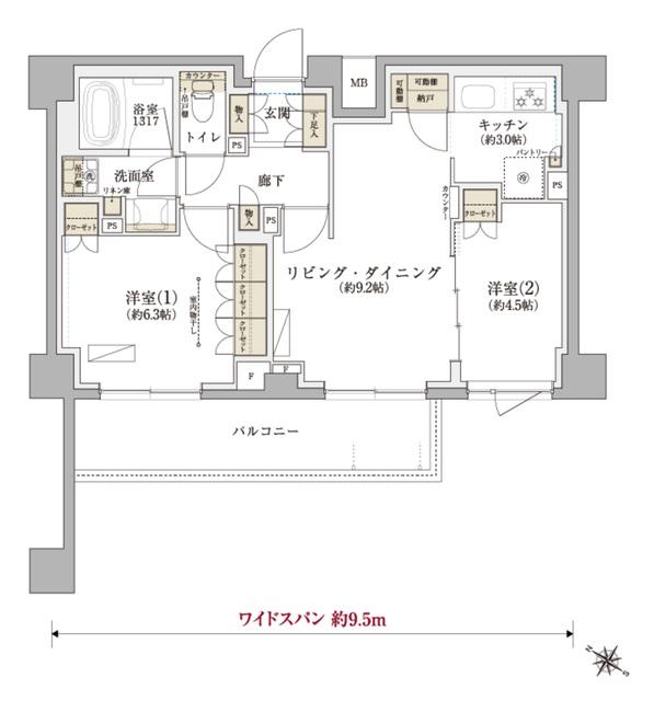 TENAS千歳船橋(2LDK/1階)の間取り写真