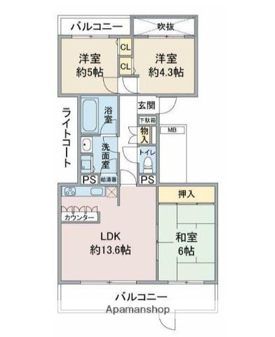 ハイツ東戸塚2 B棟(3LDK/1階)の間取り写真