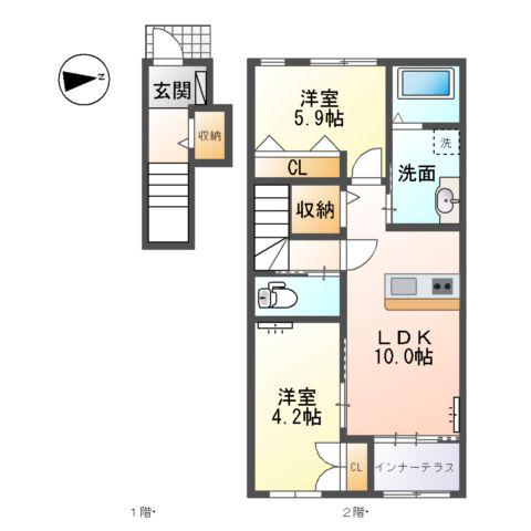 フェリーチェ(2LDK/2階)の間取り写真