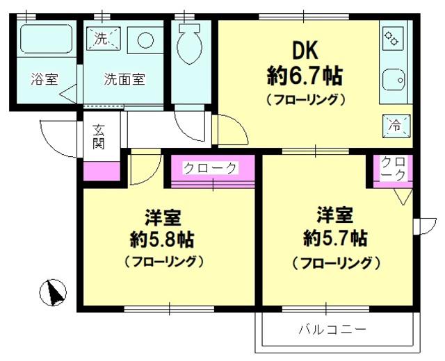 ランドコートB棟(2DK/1階)の間取り写真