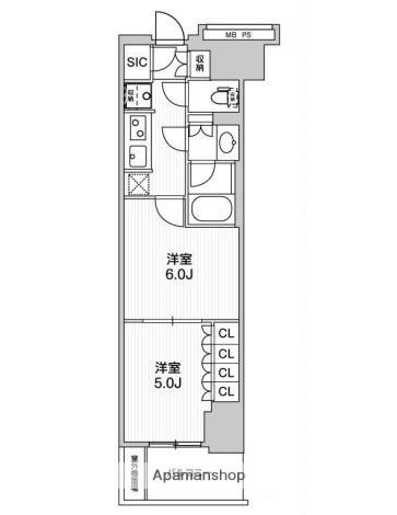 WORVE横浜伊勢佐木町(2K/15階)の間取り写真