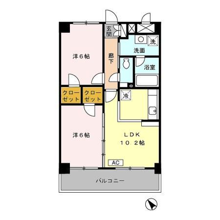 ハートヒルズ上大岡(2LDK/2階)の間取り写真