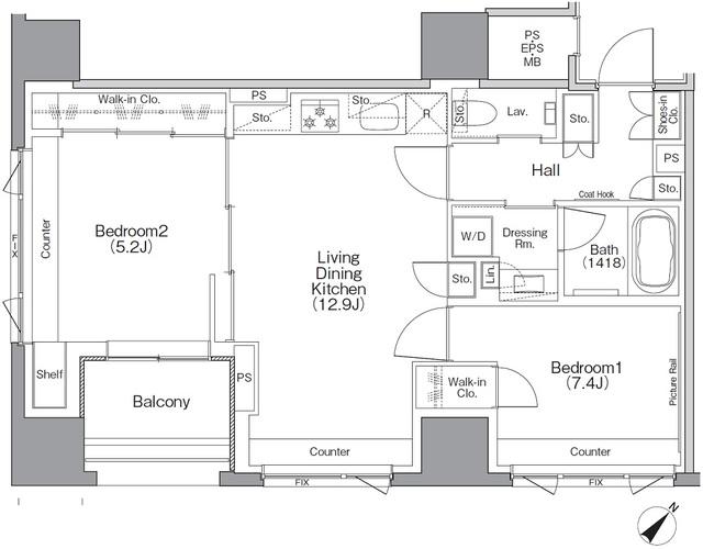 ザ・パークハビオSOHO横浜関内(2LDK/14階)の間取り写真