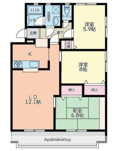 ル・ソレイユ弥勒寺(3LDK/1階)の間取り写真