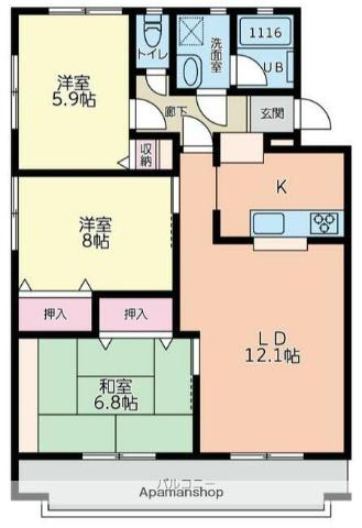 ル・ソレイユ弥勒寺(3LDK/1階)の間取り写真