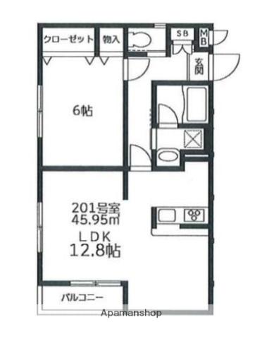 ビューパレス富士見ヶ丘B棟(1LDK/2階)の間取り写真