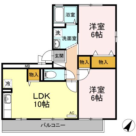 アルタ旭ヶ丘(2LDK/2階)の間取り写真