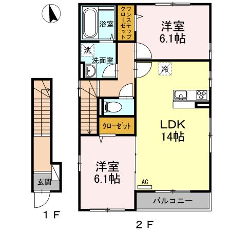 プレミアムコートD(2LDK/2階)の間取り写真