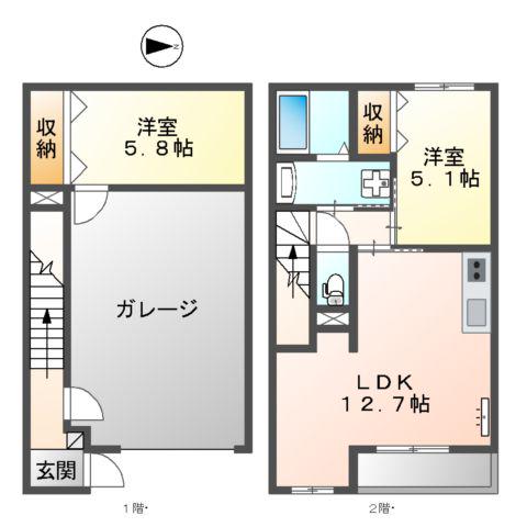 厚木市恩名ガレージハウス(2LDK/1階)の間取り写真