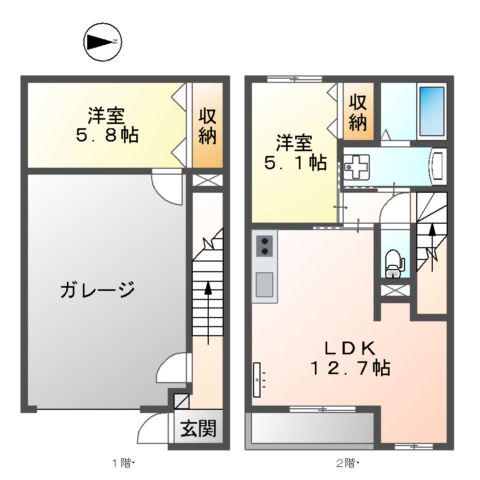 厚木市恩名ガレージハウス(2LDK/1階)の間取り写真