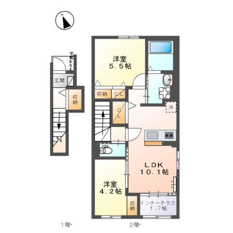 ボンヌール(2LDK/2階)の間取り写真