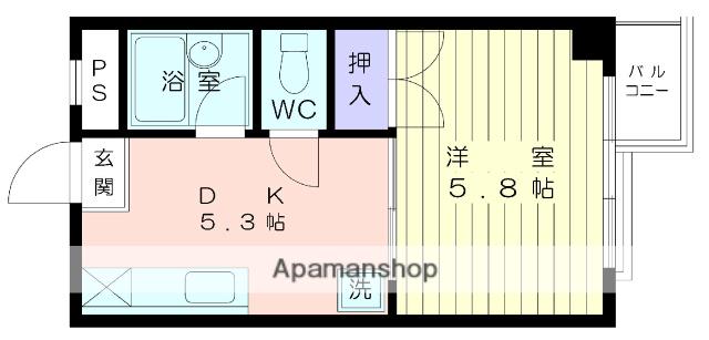 Kフラット(1DK/4階)の間取り写真