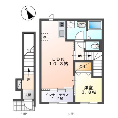 宮前区有馬8丁目アパート(1LDK/2階)の間取り写真