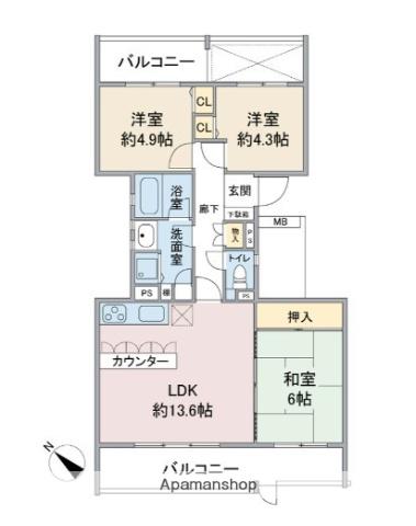 ハイツ東戸塚2 B棟(3LDK/1階)の間取り写真