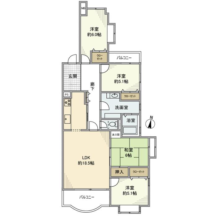 COURT HILLS 白楽東1号棟(4LDK/2階)の間取り写真