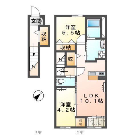 厚木市下川入アパート(2LDK/2階)の間取り写真