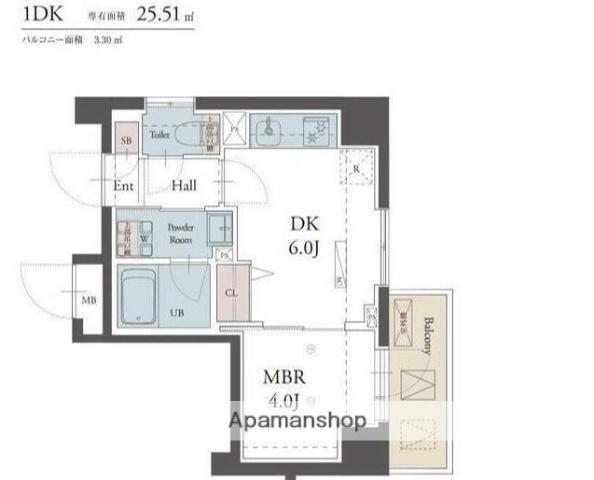 ラグゼナ平塚(1DK/3階)の間取り写真