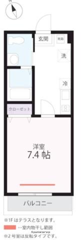 ハーミットクラブハウス衣笠Ⅱ C号棟(1K/1階)の間取り写真