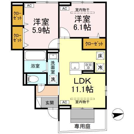 オリエンタルドエル I(2LDK/1階)の間取り写真