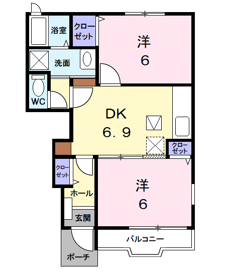 M・ラフィネ・ロジュマンA(2DK/1階)の間取り写真