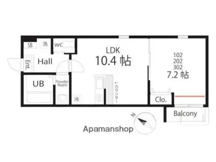 ハーミットクラブハウス トゥギャザー戸塚(1LDK/3階)の間取り写真